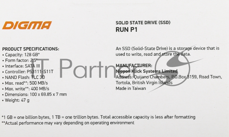 Накопитель SSD Digma SATA III 128Gb DGSR2128GP13T Run P1 2.5