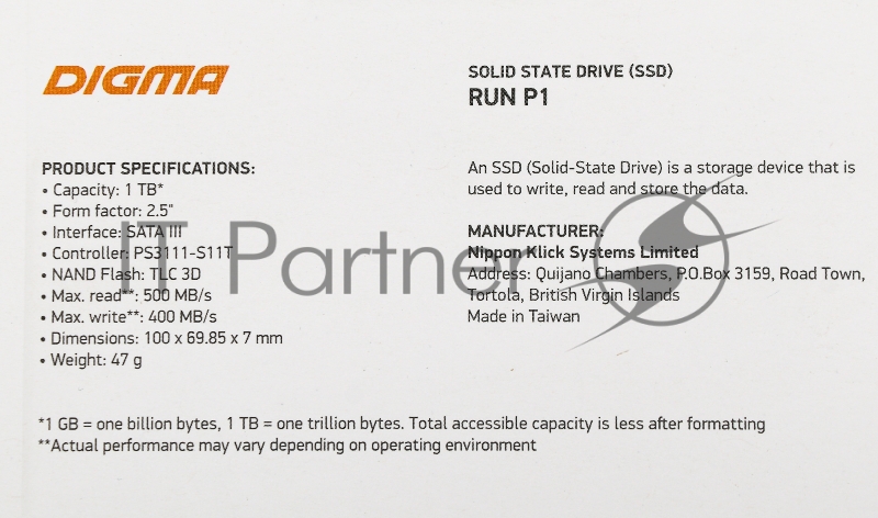 Накопитель SSD Digma SATA III 1Tb DGSR2001TP13T Run P1 2.5