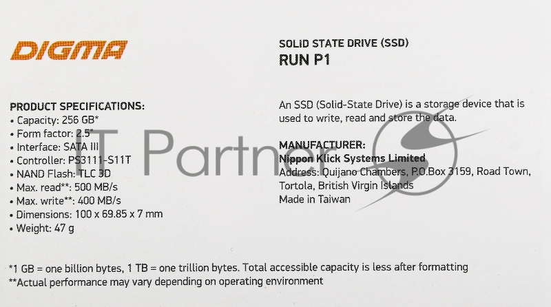 Накопитель SSD Digma SATA III 256Gb DGSR2256GP13T Run P1 2.5