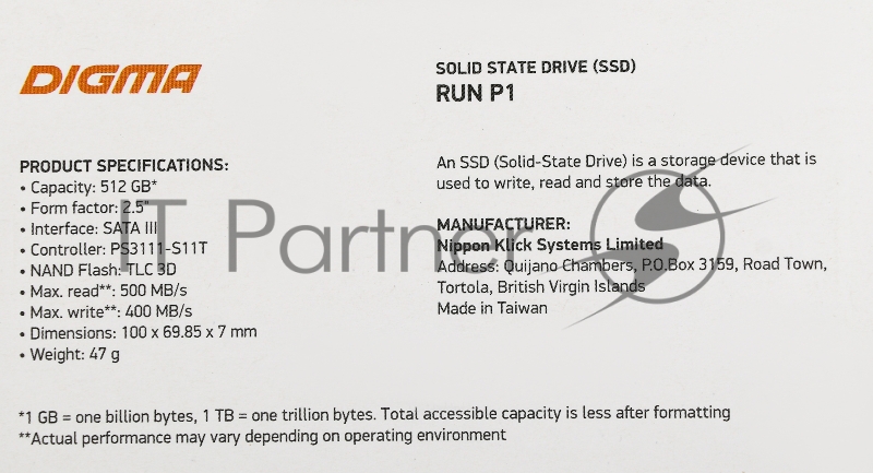 Накопитель SSD Digma SATA III 512Gb DGSR2512GP13T Run P1 2.5