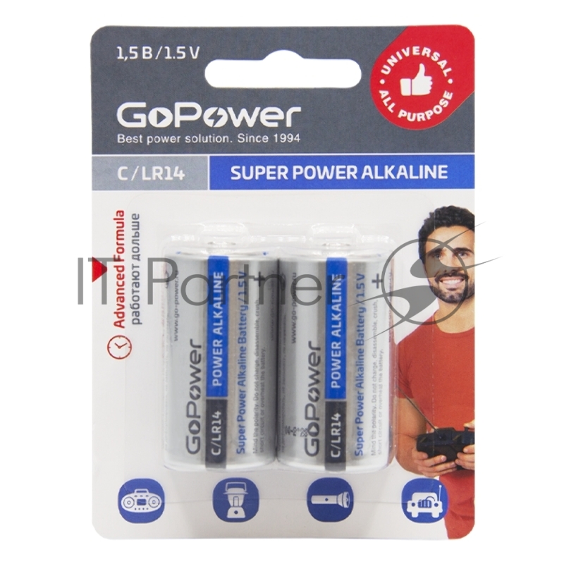 Батарейка GoPower LR14 C BL2 Alkaline 1.5V (2/12/192) блистер (2 шт.)