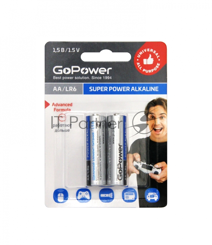 Батарейка GoPower LR6 AA BL2 Alkaline 1.5V (2/24/480) блистер (2 шт.)