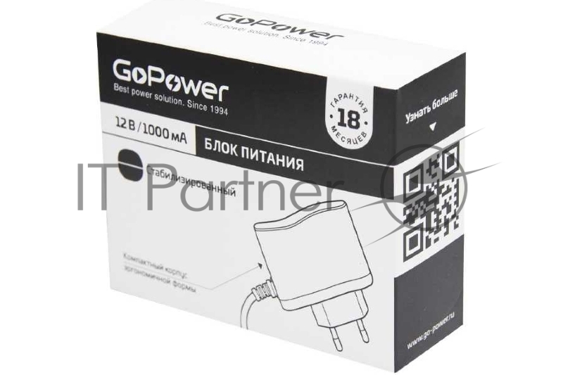 Блок питания GoPower 1.0A 12V 5,5x2,5/12мм импульсный (1/100)