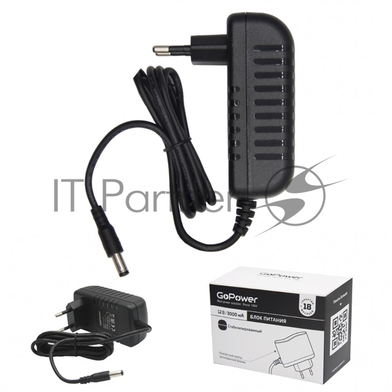 Блок питания GoPower 3.0A 12V 5,5x2,5/12мм импульсный (1/90)