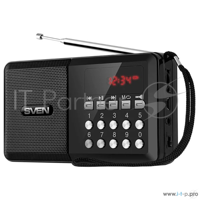 Колонки SVEN PS-60, черный (3 Вт, FM-тюнер, USB, microSD, LED-дисплей, фонарь, 3xAA, 600мА*ч)