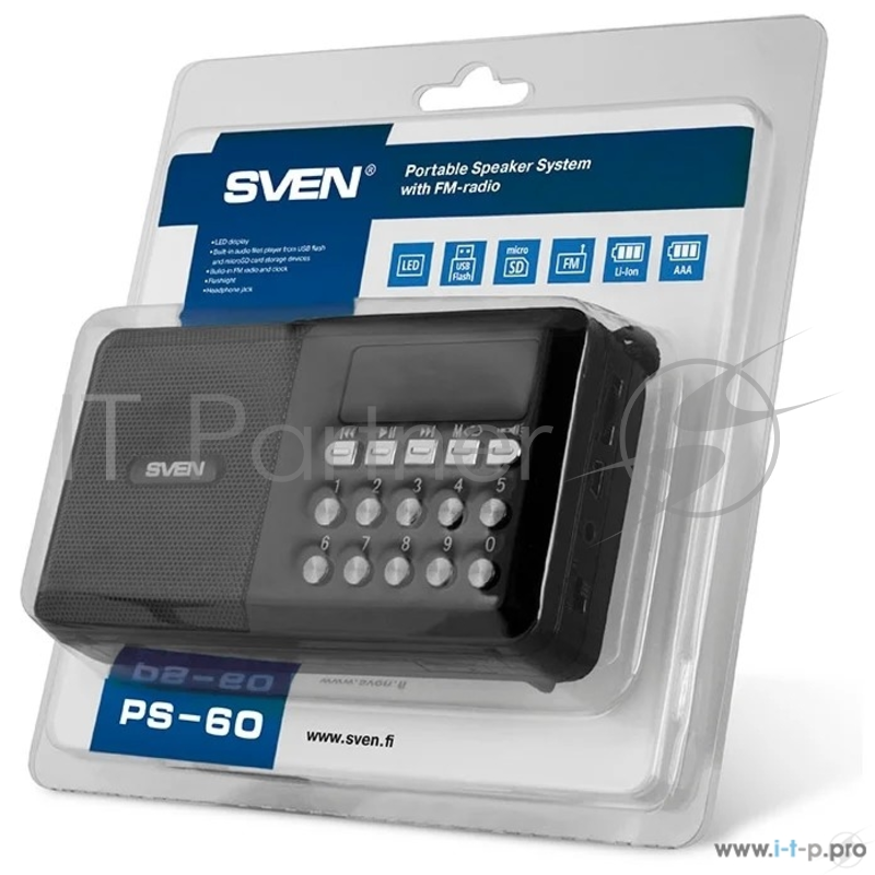 Колонки SVEN PS-60, черный (3 Вт, FM-тюнер, USB, microSD, LED-дисплей, фонарь, 3xAA, 600мА*ч)