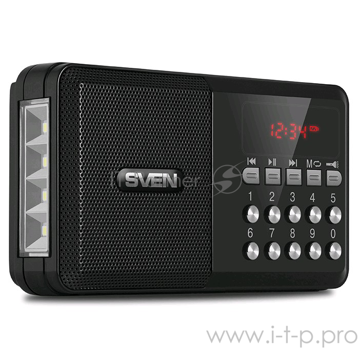 Колонки SVEN PS-60, черный (3 Вт, FM-тюнер, USB, microSD, LED-дисплей, фонарь, 3xAA, 600мА*ч)