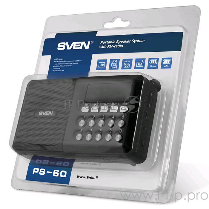 Колонки SVEN PS-60, черный (3 Вт, FM-тюнер, USB, microSD, LED-дисплей, фонарь, 3xAA, 600мА*ч)