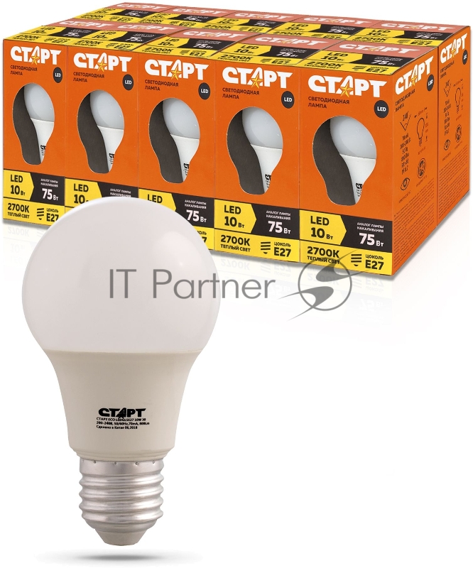 Лампа светодиодная Старт ECO LEDGLSE27 10W 30 10Вт цок.:E27 груша 220B 3000K св.свеч.бел.теп. A60 (упак.:10шт) (14823)