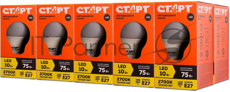 Лампа светодиодная Старт ECO LEDGLSE27 10W 30 10Вт цок.:E27 груша 220B 3000K св.свеч.бел.теп. A60 (упак.:10шт) (14823)