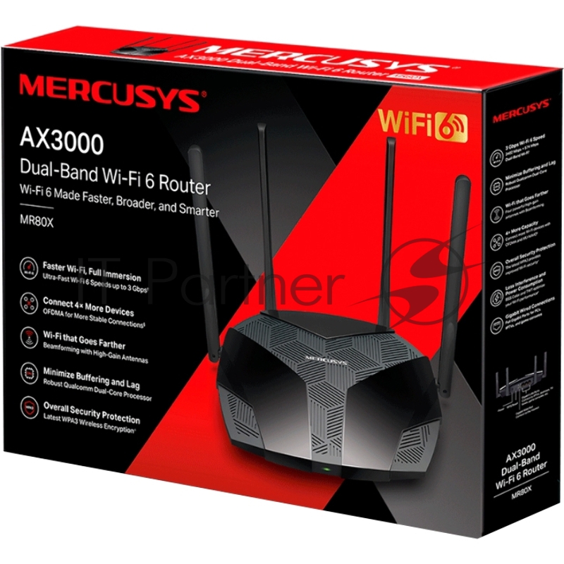 MERCUSYS AX3000 Двухдиапазонный Wi-Fi 6 роутер, до 574 Мбит/с на 2,4 ГГц + до 2402 Мбит/с на 5 ГГц, 4 фиксированные внешние антенны, 3 гигабитных порта LAN, 1 гигабитный порт WAN