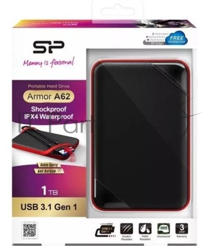 External HDD 2.5 1.0Tb Silicon Power Armor A62 <SP010TBPHD62SS3K> черный (USB3.1, прорезиненный, противоударный MIL-STD-810G, водонепроницаемый IPX4, держатель кабеля)