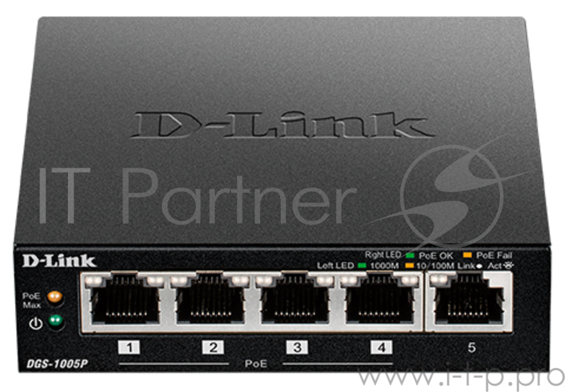 Сетевое оборудование D-Link DGS-1005P/A1A Неуправляемый коммутатор с 5 портами 10/100/1000Base-T, функцией энергосбережения и поддержкой QoS (4 порта с поддержкой PoE 802.3af/802.3at (30 Вт), PoE-бюджет 60 Вт)