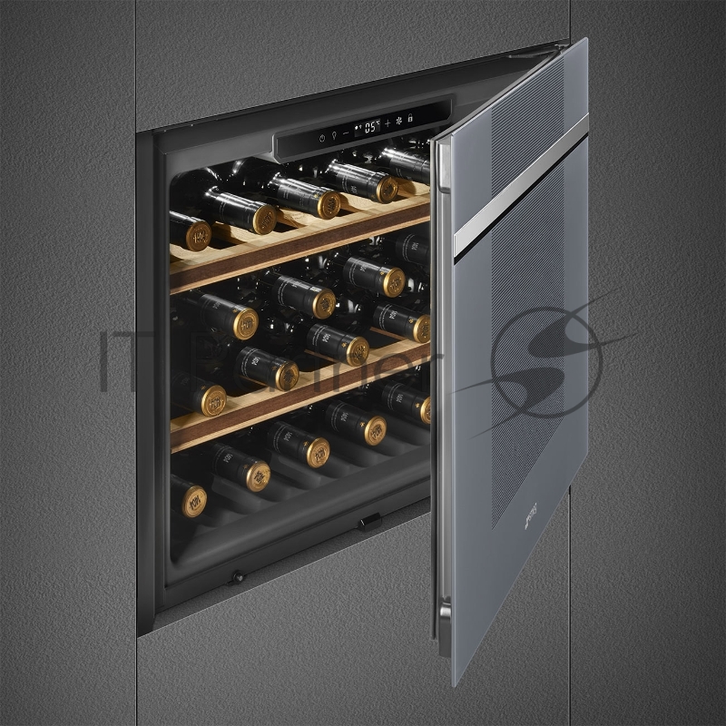 Винные шкафы SMEG/ Linea, Холодильный шкаф для вина встраиваемый, 60 см, высота 45 см, петли справа, серебристое стекло