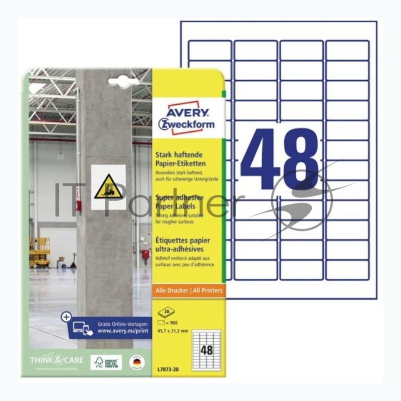 Этикетки Avery Zweckform L7873-20 A4 45.7x21.2мм 48шт на листе/20л./белый самоклей. для лазерной печати