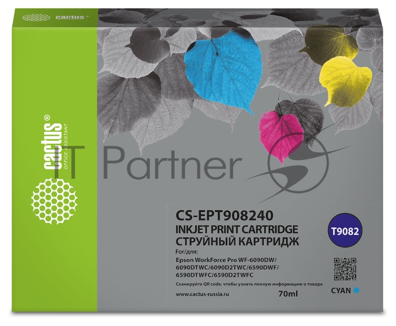 Картридж струйный Cactus CS-EPT908240 T9082 голубой (70мл) для Epson WorkForce WF-6090DW/WF-6590DWF Pro