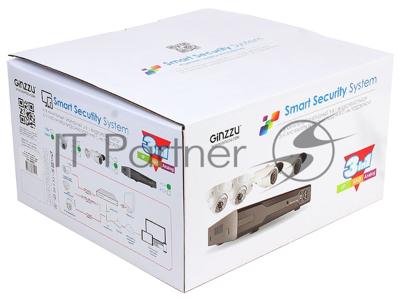 Комплект Видеонаблюдения GINZZU HK-442D 4-канальный 1080N гибридный 3 в 1 видеорегистратор / 2 ул +2 куп AHD камеры 2.0Mp (ИК подстветка до 20м, метал