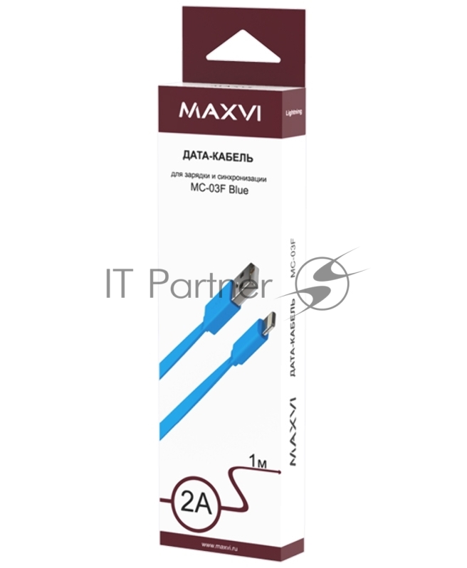 Кабель Maxvi MC-03F blue USB-A - Lightning, 2A Описание: Плоский кабель, ток макс. нагрузки 2А, макс. напряжение 5V стандарт USB 2.0 длина 1м, материал PVC, синий