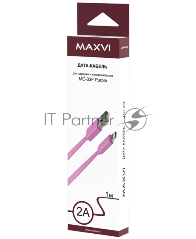 Кабель Maxvi MC-03F purple USB-A - Lightning, 2A Описание: Плоский кабель, ток макс. нагрузки 2А, макс. напряжение 5V стандарт USB 2.0 длина 1м, материал PVC, фиолетовый
