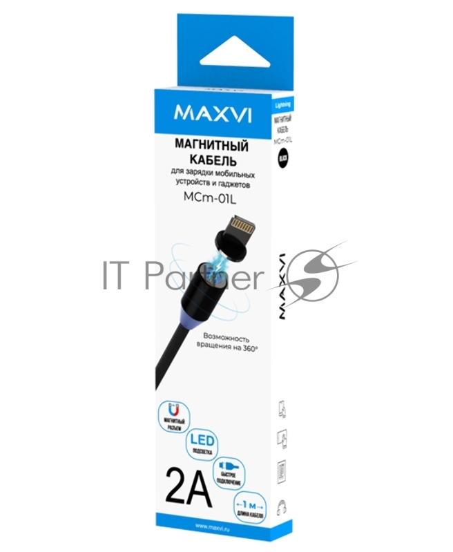 Кабель Maxvi MCm-01L black , USB-A - Lightning, 2A, магнитный разъем, LED Описание: ток макс. нагрузки 2А, макс. напряжение 5V стандарт USB 2.0 длина 1м, нейлоновая оплетка, съемный магнитный коннектор, LED подсветка, цвет: черный с серыми вставками