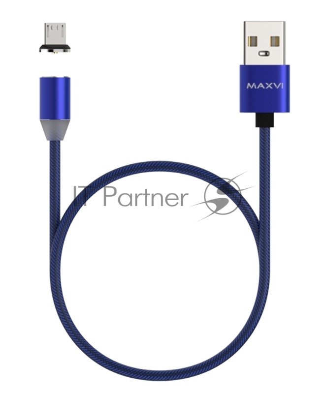Кабель Maxvi MCm-01M blue, USB-A - microUSB, 2A, магнитный разъем, LED Описание: ток макс. нагрузки 2А, макс. напряжение 5V стандарт USB 2.0 длина 1м, нейлоновая оплетка, съемный магнитный коннектор, LED подсветка, цвет: синий с черными вставками