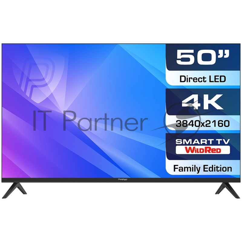 Телевизор Prestigio LED LCD TV 50(3840x2160) VA LED, 250cd/m2, USB, HDMI, RCA, CI slot, Optical, Media player,Android 9, Smart 1+8Gb, DVB-T2/T/C/S2, 100W, MT9632, 2x8W speaker, black