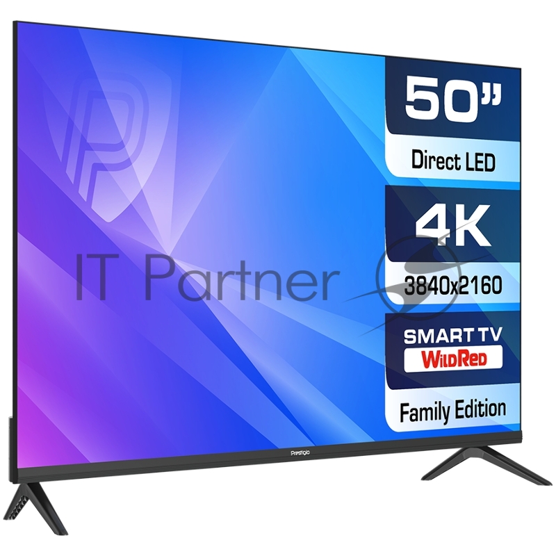 Телевизор Prestigio LED LCD TV 50(3840x2160) VA LED, 250cd/m2, USB, HDMI, RCA, CI slot, Optical, Media player,Android 9, Smart 1+8Gb, DVB-T2/T/C/S2, 100W, MT9632, 2x8W speaker, black