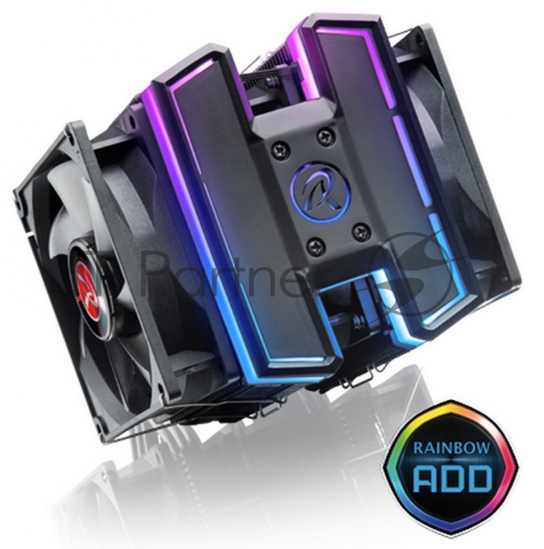 Кулер Raijintek DELOS RBW 0R10B00096 (5V Addressable RGB cable) 6*6mm Heast-pipe Dual tower desing Rainbow (Addressable) LED 9025 PWM fan *3pcs Compatible with modern INTEL/AMD CPU socket Solid and univeral monting kits TDP 200W