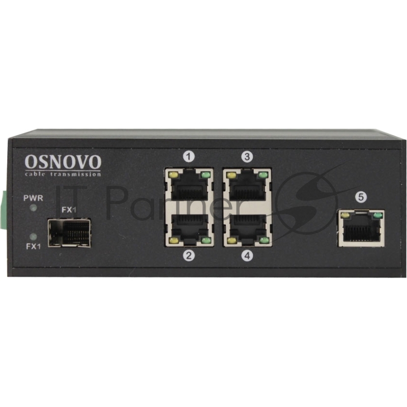 Промышленный PoE коммутатор OSNOVO на 6 портов, 4 *10/100Base-T с PoE (до 30W), 1*10/100Base-T, 1*SFP 100Base-X, суммарно PoE до 120W, БП опционально