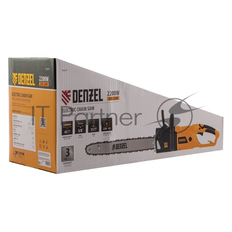 Пила цепная электрическая EDS-2200, 2,2кВт,продольная,шина 45см,шаг 3/8, паз 1,3мм, 62зв// Denzel