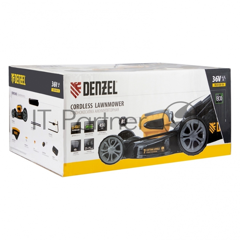 Газонокосилка аккумуляторная бесщет. RLM450-36, Li-ion, 36 В, 4 Ач, 450 мм, травосб. 40 л.// Denzel