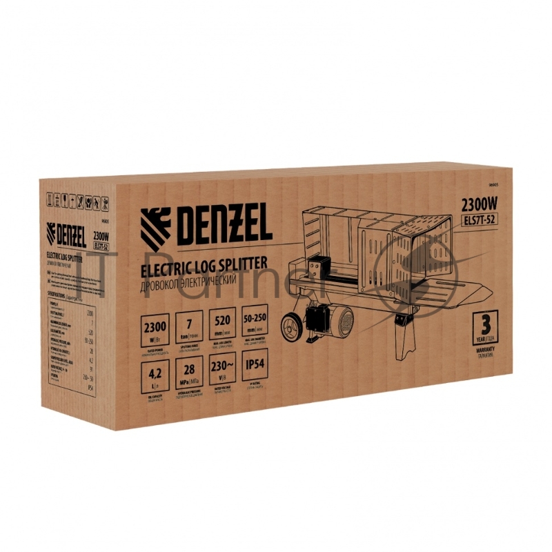 Дровокол электрический ELS7T-52, 2300 Вт, сила раскола 7т, макс. размеры полена D250х520 мм// Denzel