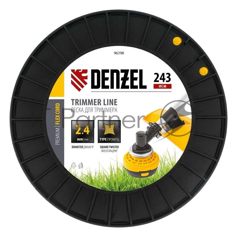 Леска для триммера витой квадрат, 2,4мм х 243м, на DIN катушке FLEX CORD// Denzel