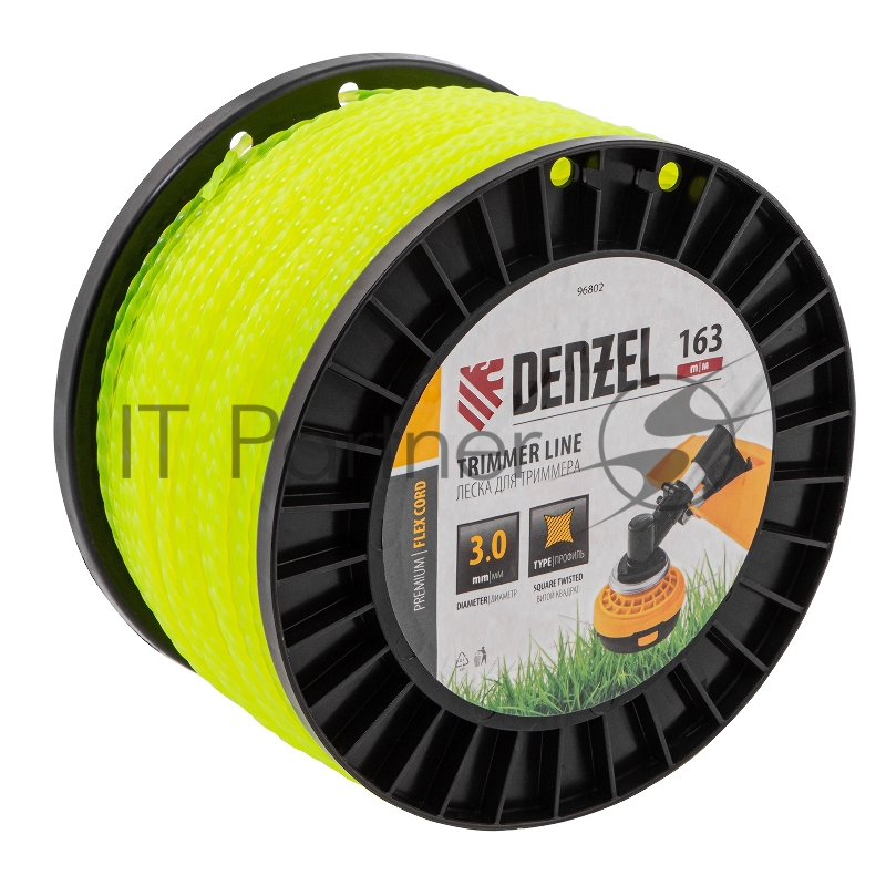 Леска для триммера витой квадрат, 3,0мм х 163м, на DIN катушке FLEX CORD// Denzel