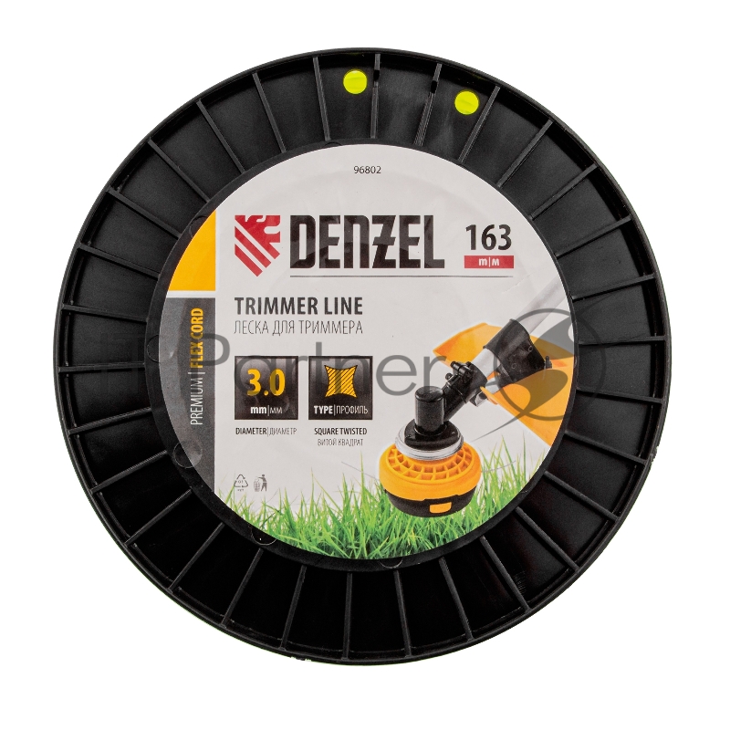 Леска для триммера витой квадрат, 3,0мм х 163м, на DIN катушке FLEX CORD// Denzel