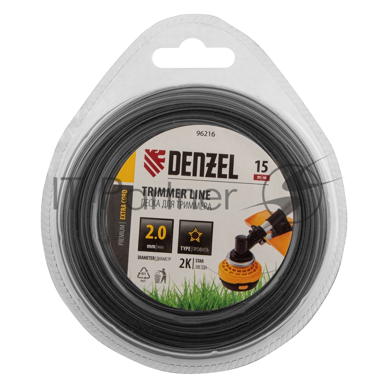 Леска для триммера двухкомпонентная звезда, 2,0мм х 15м, блистер EXTRA CORD// Denzel