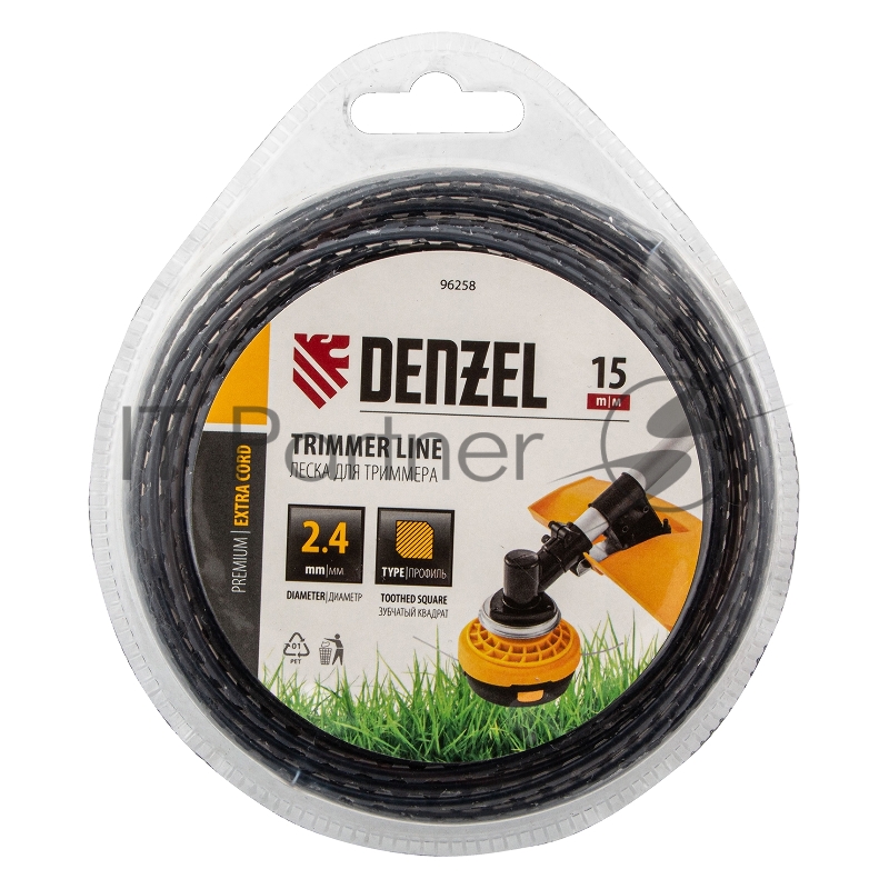 Леска для триммера двухкомпонентная зубчатый квадрат, 2,4мм х 15м, блистер EXTRA CORD// Denzel