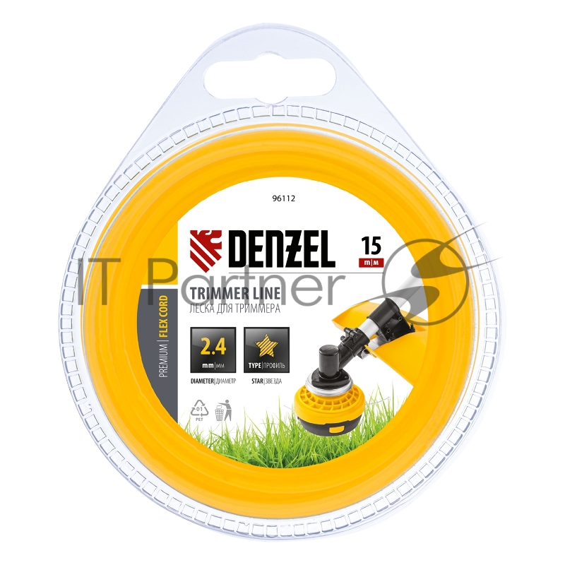 Леска для триммера звезда 2,4 мм х 15 м, блистер FLEX CORD// Denzel