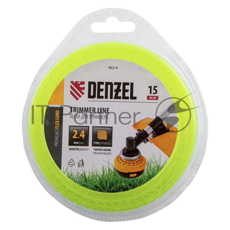 Леска для триммера зубчатый квадрат, 2,4мм х 15м, блистер FLEX CORD// Denzel