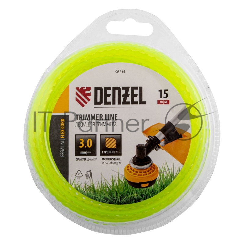 Леска для триммера зубчатый квадрат, 3мм х 15м, блистер FLEX CORD// Denzel
