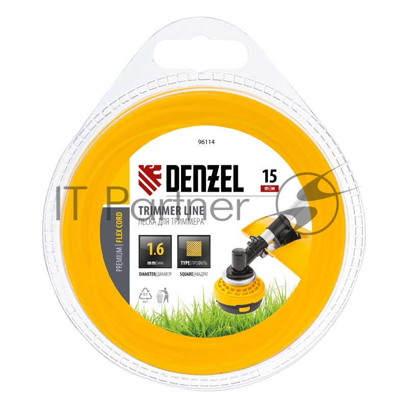 Леска для триммера квадрат 1,6 мм х 15 м, блистер FLEX CORD// Denzel