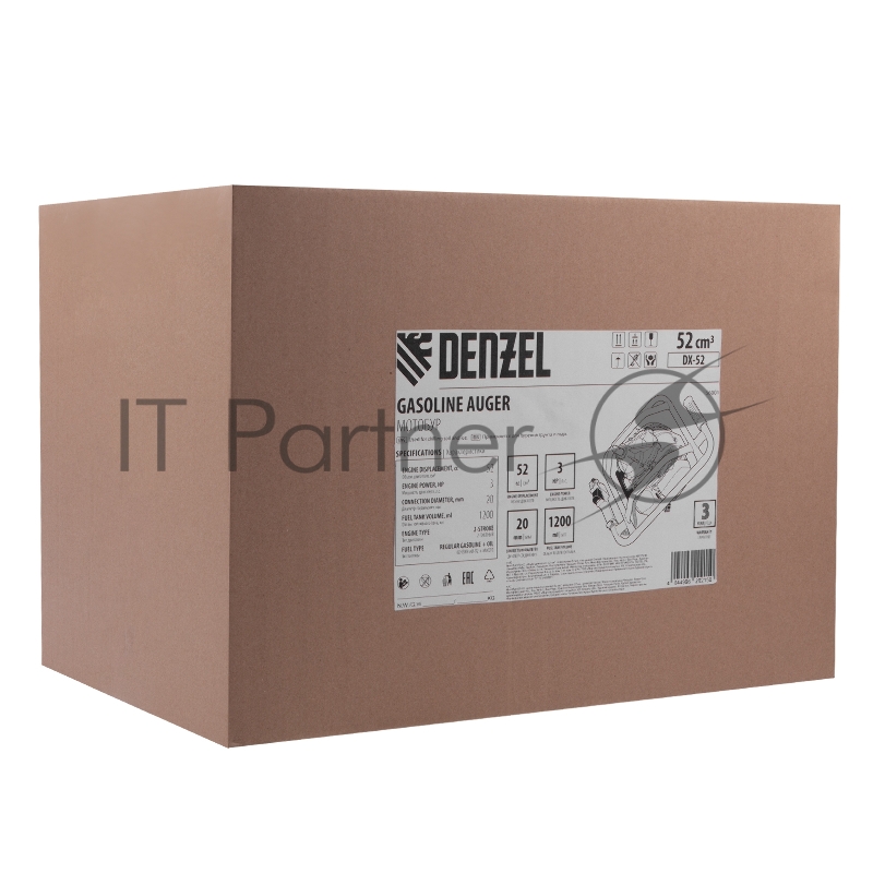 Мотобур DX-52, объём двигателя 52 см3, соединение 20 мм, без шнека// Denzel