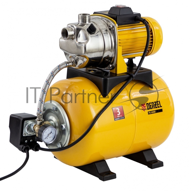 Насосная станция PS1000X, 1000 Вт, 3500 л/ч, ресивер 24 л, подъем 44 м, нержавейка// Denzel