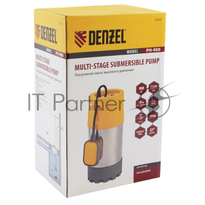 Погружной насос высокого давления PH900, подъем 30м, 900 Вт, 5500 л/ч// Denzel