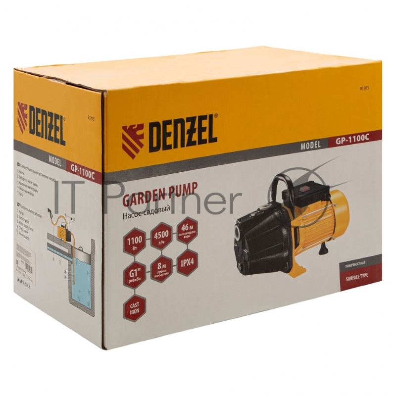 Садовый поверхностный насос GP1100C, 1100 Вт, 4500 л/ч, подъем 46 м, чугун// Denzel