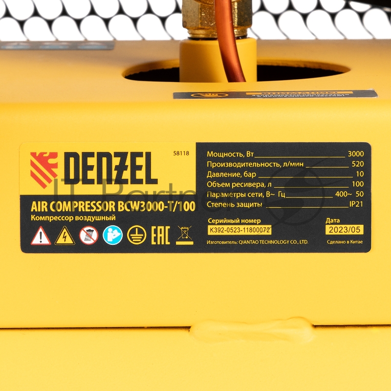 Компрессор воздушный рем. привод BCW3000-T/100, 3,0 кВт, 100 литров, 520 л/мин// Denzel