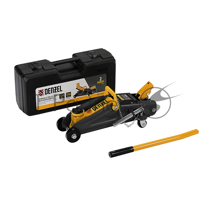 Домкрат гидравлический подкатной с фиксатором, 2 т, 130-330 мм, в кейсе// Denzel
