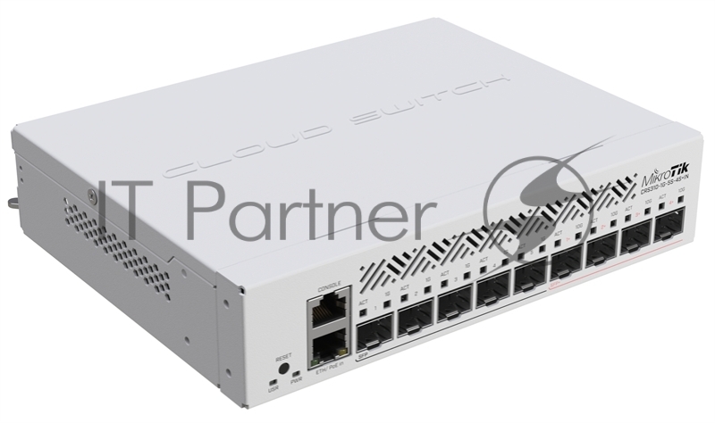 Коммутатор MikroTik Cloud Router Switch CRS310-1G-5S-4S+IN with 800 MHz CPU, 256 MB RAM, 4xSFP+, 5xSFP cages, 1xGBit LAN port, RouterOS L5, desktop case, rackmount ears, PSU