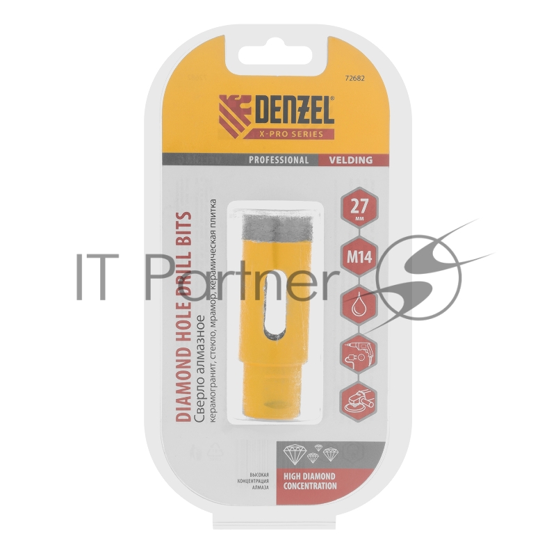 Сверло алмазное по керамограниту, 27 мм, мокрое резание, М14// Denzel