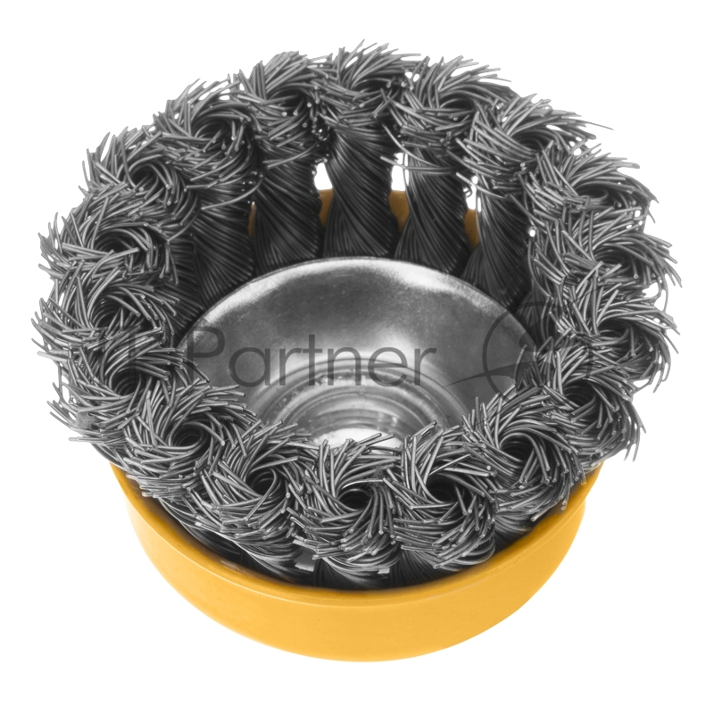 Щетка для УШМ, 75 мм, М14, Чашка, крученая нержавеющая проволока 0,5 мм// Denzel